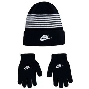 Nike Boys Striped Logo Beanie and Gloves Set